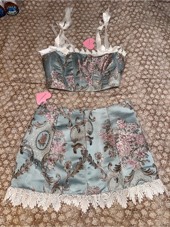 Dolls Kill Dresses & Skirts - Floral Brocade Mini Skirt and Corset Ribbon Top in Light Blue with Lace Trim